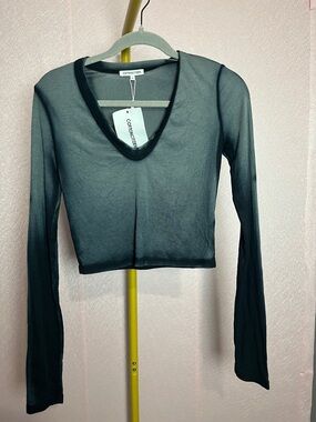 Cotton Citizen Black Sheer Long-Sleeve Cropped V-Neck Top